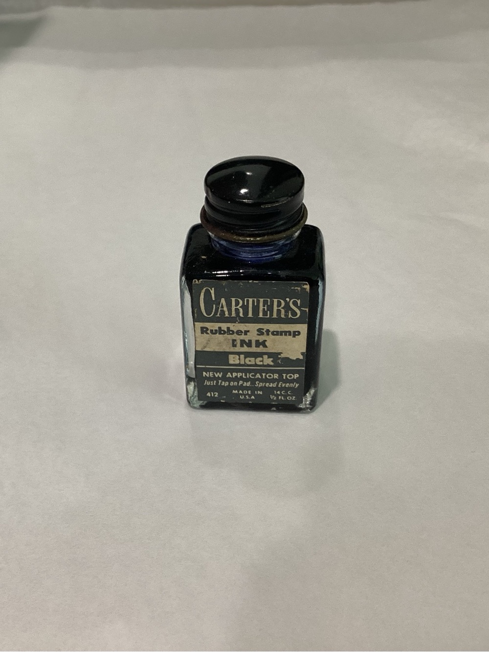 Vtg/Ant. Carter’s Rubber Stamp Ink in glass bottle with black ink, full?. 1920s